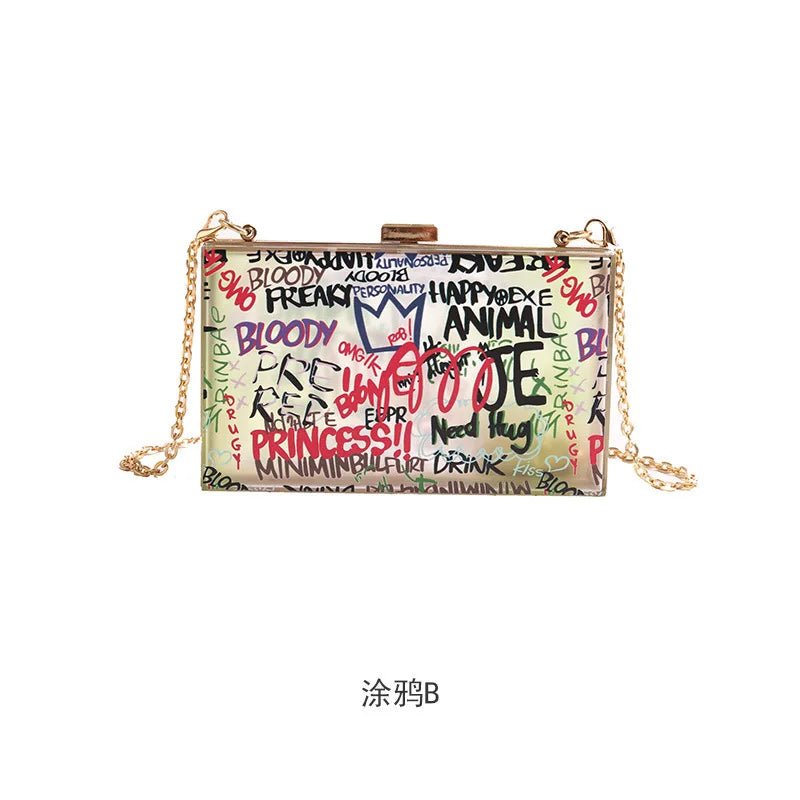 Letters Print Women Messengers Lock Shoulder Bag Small Chains Women Box Bag Female Graffiti Handbags Ladies Evening Party Clutch - Zeprah
