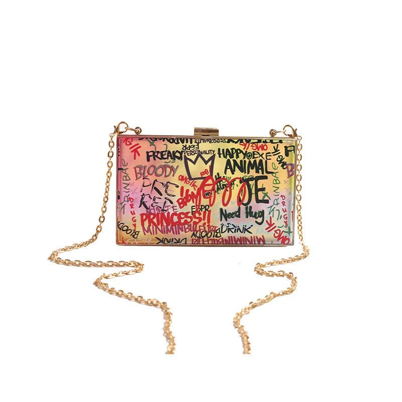 Letters Print Women Messengers Lock Shoulder Bag Small Chains Women Box Bag Female Graffiti Handbags Ladies Evening Party Clutch - Zeprah