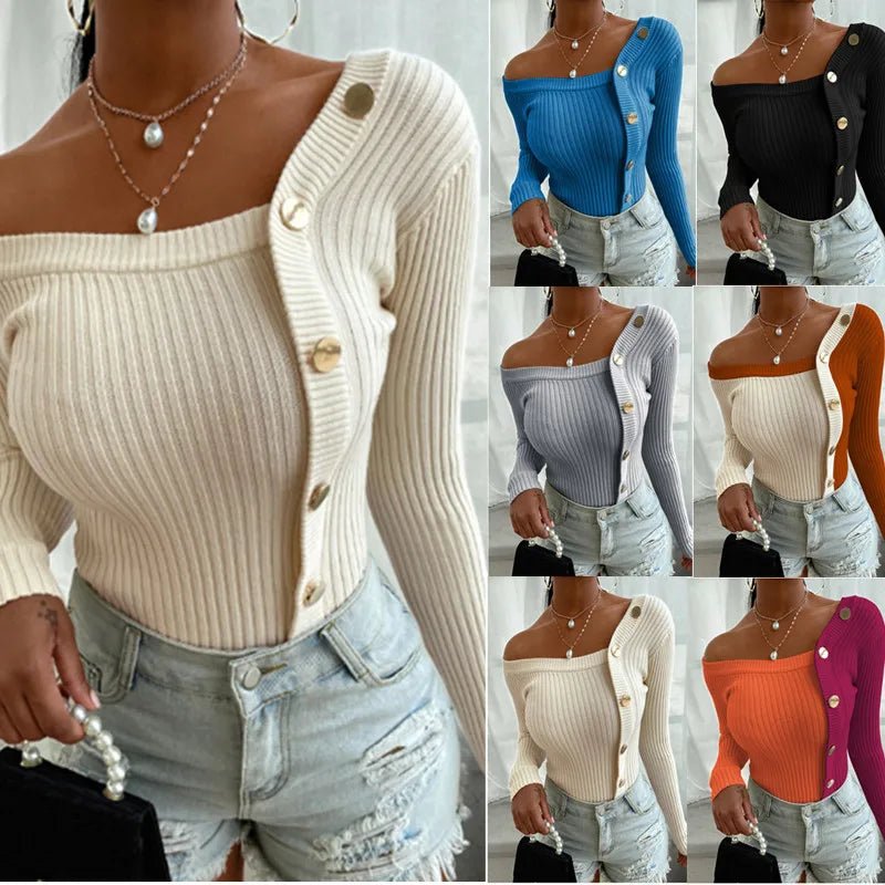 Long Sleeve Sweater Stylish Fashion Design Sense Slim - fit All - match Low Collar Knitted Top - Zeprah
