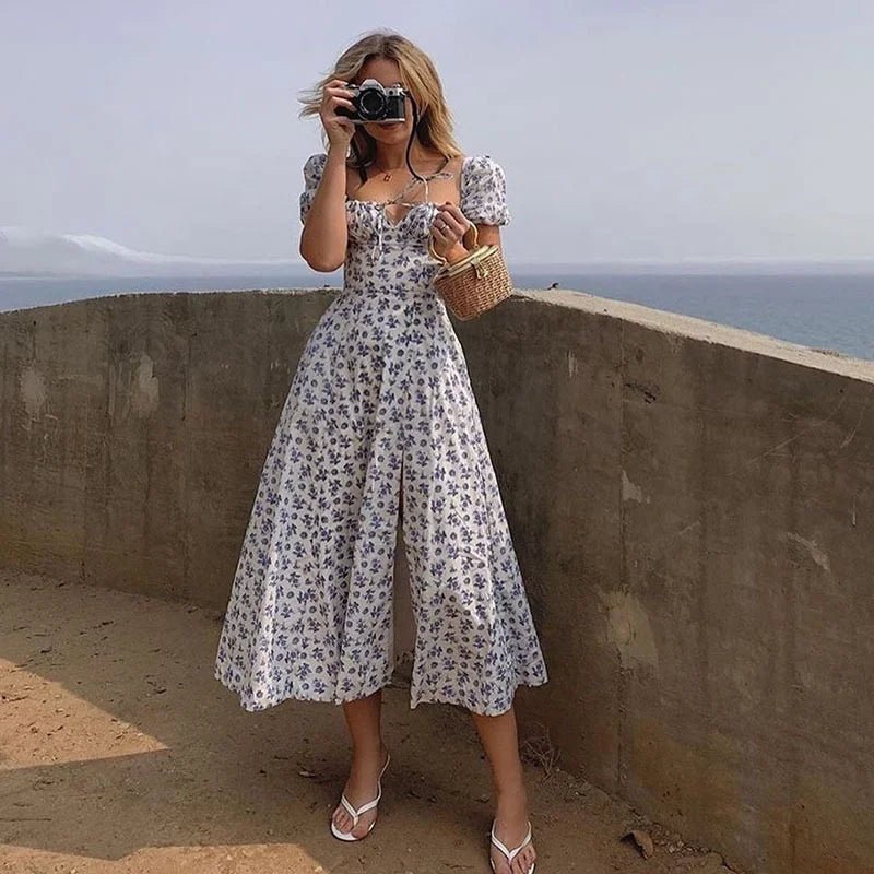 Loose - fit Dress Floral Printed Midi Dress Fashionable A - line Dress - Zeprah