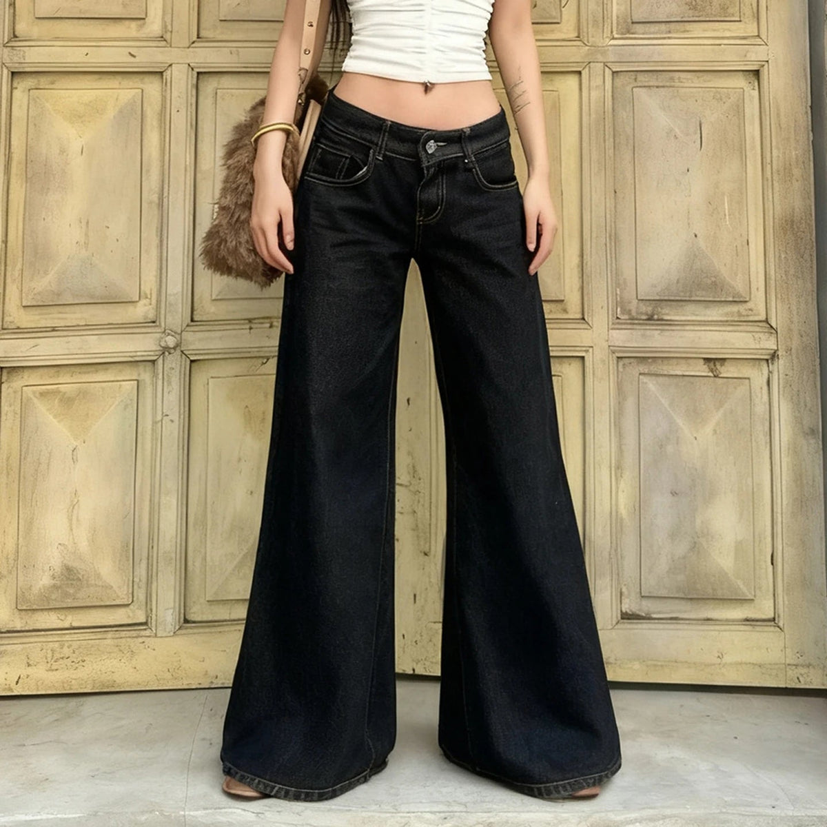 Loose Fit Wide Leg Solid Windproof Eco - Friendly Autumn Simple Jeans Women's Low Rise Washed Denim Slimming Casual Pants Button - Zeprah