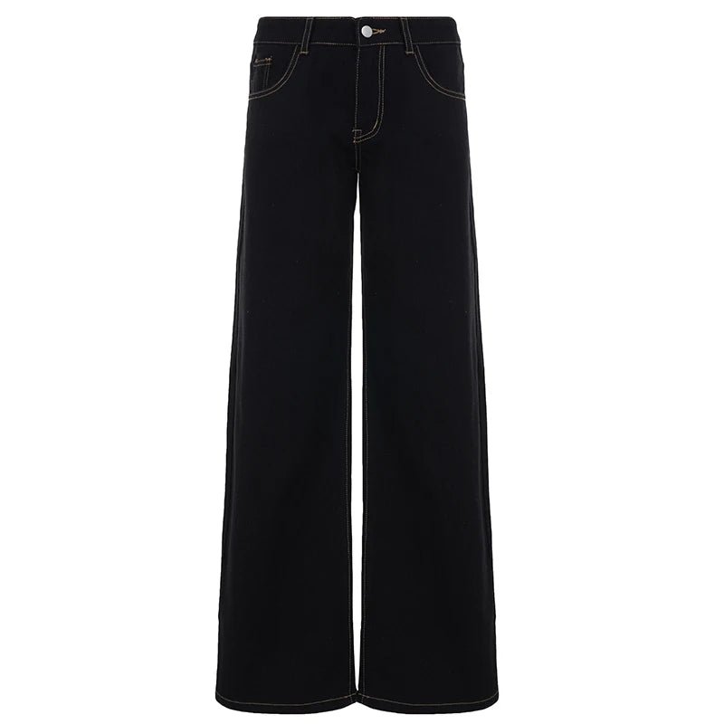 Loose Fit Wide Leg Solid Windproof Eco - Friendly Autumn Simple Jeans Women's Low Rise Washed Denim Slimming Casual Pants Button - Zeprah