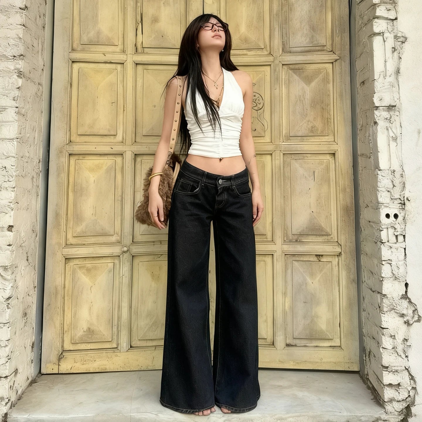 Loose Fit Wide Leg Solid Windproof Eco - Friendly Autumn Simple Jeans Women's Low Rise Washed Denim Slimming Casual Pants Button - Zeprah