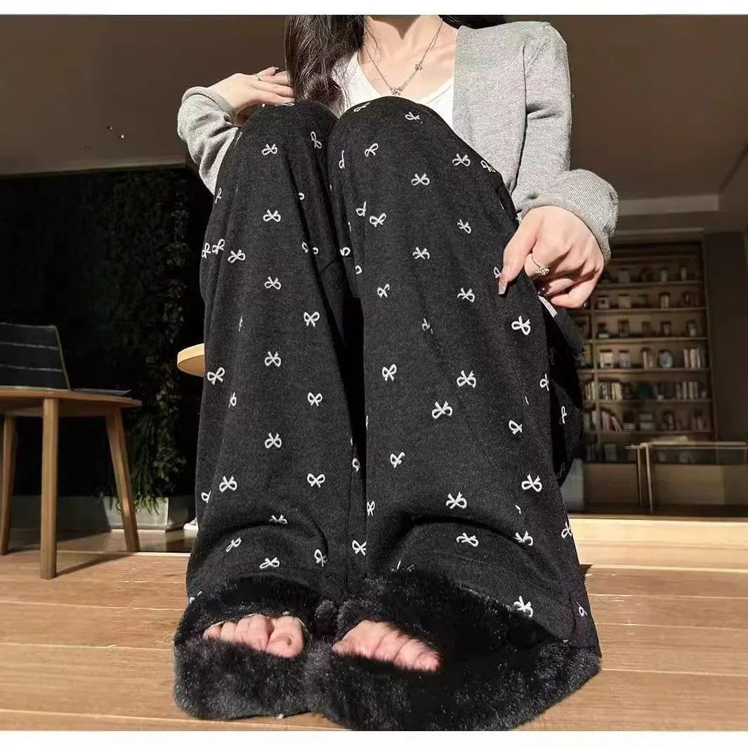 Loose - fit Wide - Leg Trousers Bow Printing Straight - Leg Trousers High Waist Slacks - Zeprah