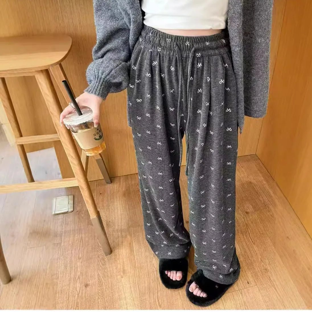 Loose - fit Wide - Leg Trousers Bow Printing Straight - Leg Trousers High Waist Slacks - Zeprah