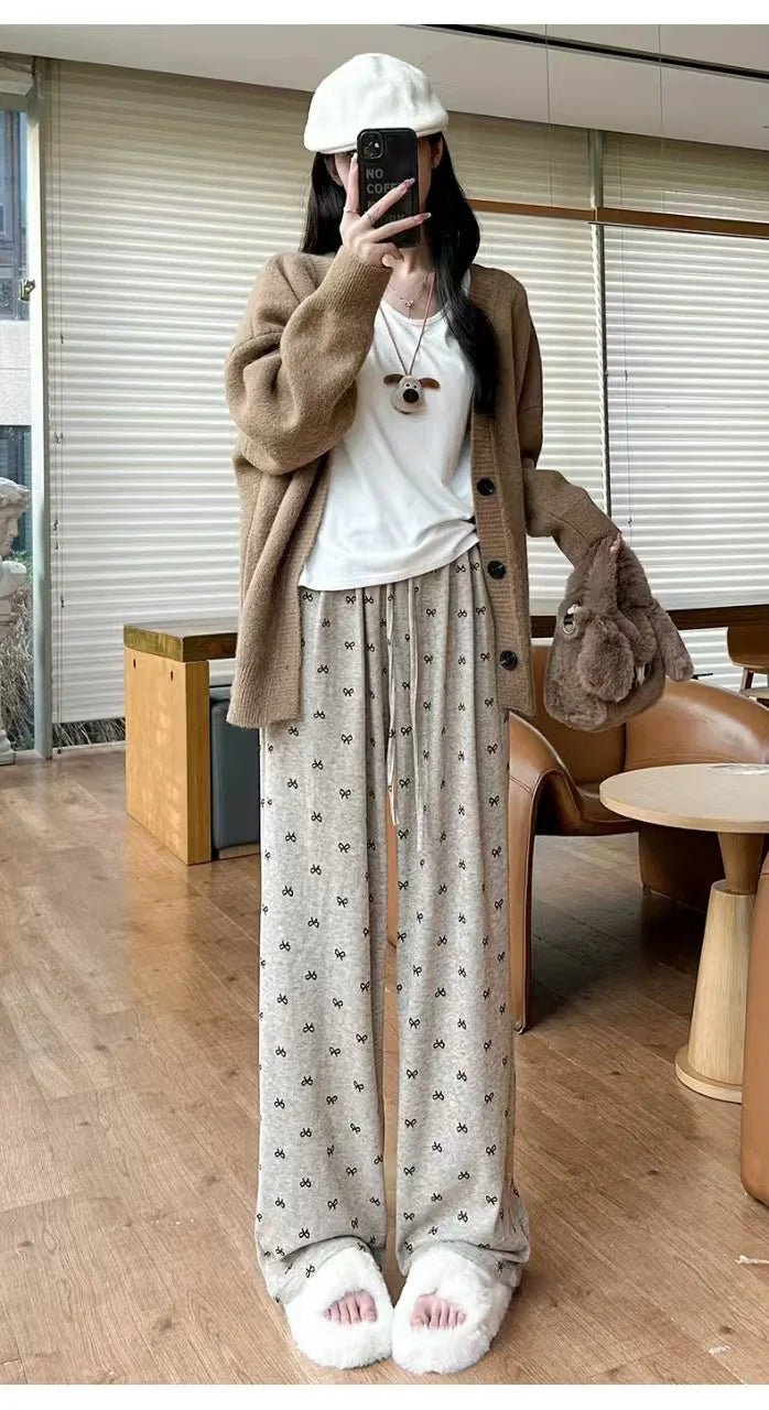 Loose - fit Wide - Leg Trousers Bow Printing Straight - Leg Trousers High Waist Slacks - Zeprah