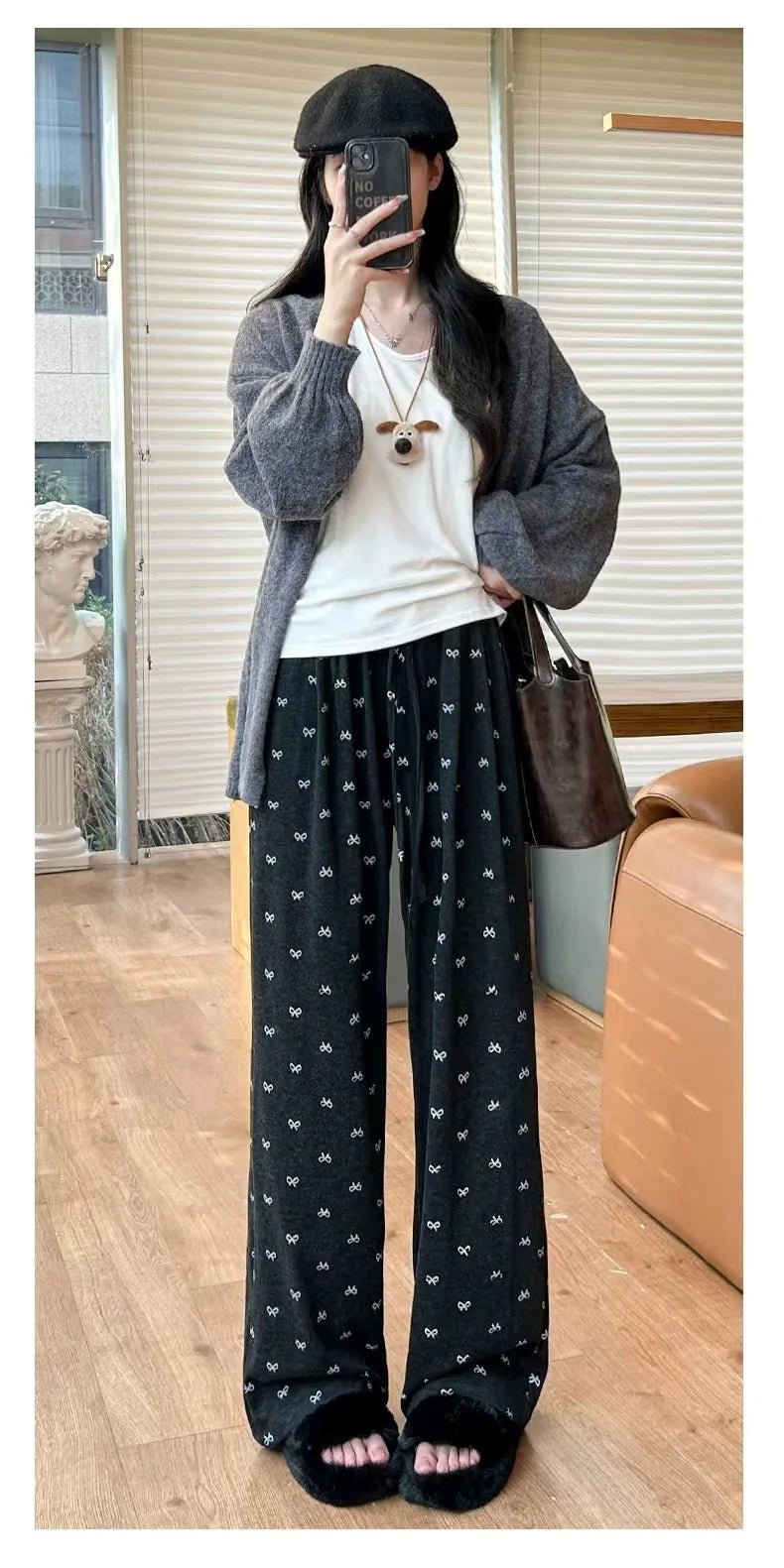 Loose - fit Wide - Leg Trousers Bow Printing Straight - Leg Trousers High Waist Slacks - Zeprah