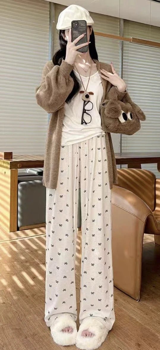 Loose - fit Wide - Leg Trousers Bow Printing Straight - Leg Trousers High Waist Slacks - Zeprah