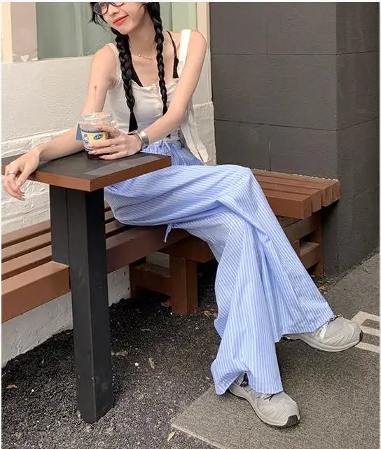 Loose - fit Wide - Leg Trousers Vertical Stripe Straight - Leg Trousers Casual Slacks - Zeprah