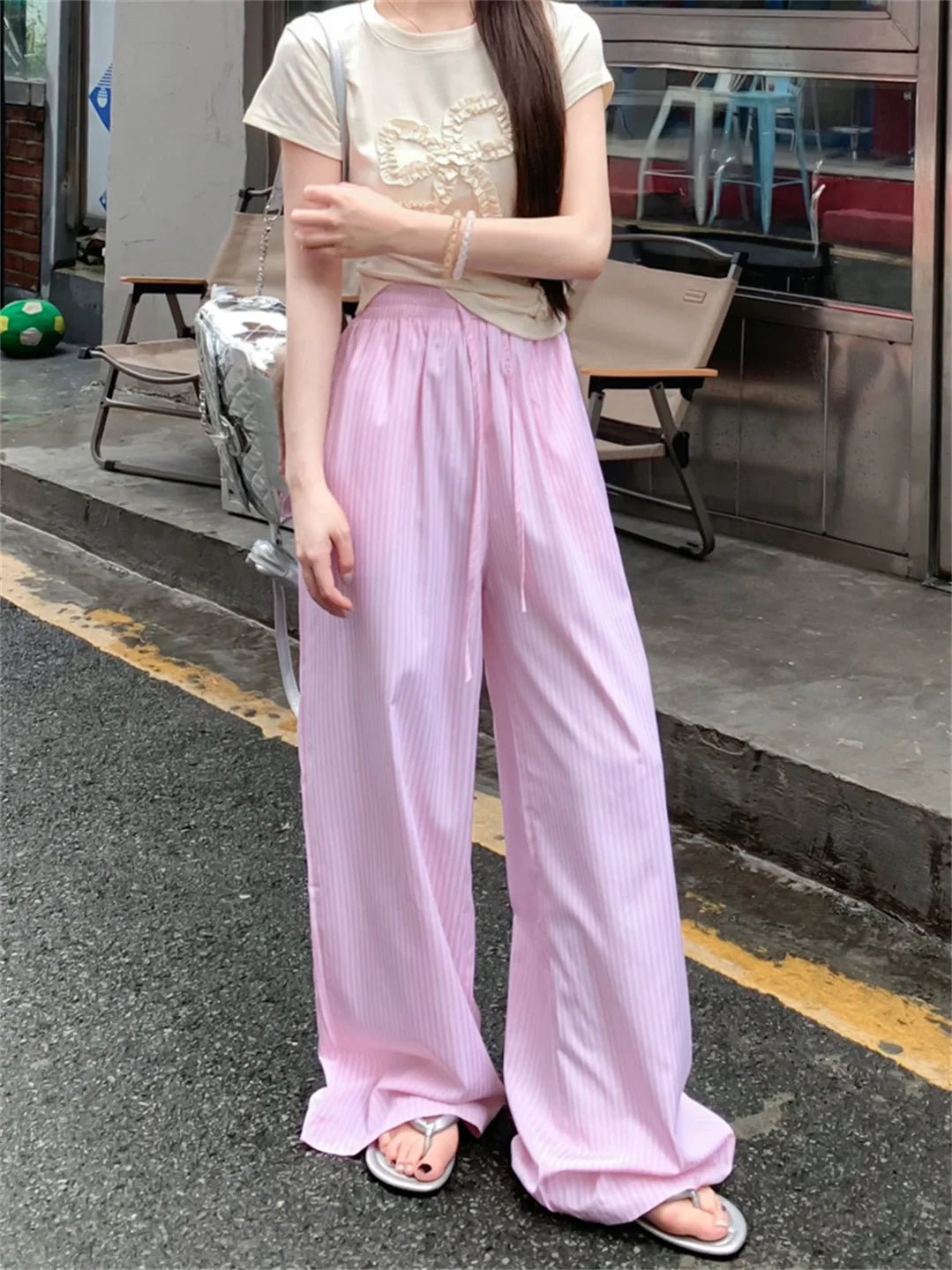 Loose - fit Wide - Leg Trousers Vertical Stripe Straight - Leg Trousers Casual Slacks - Zeprah