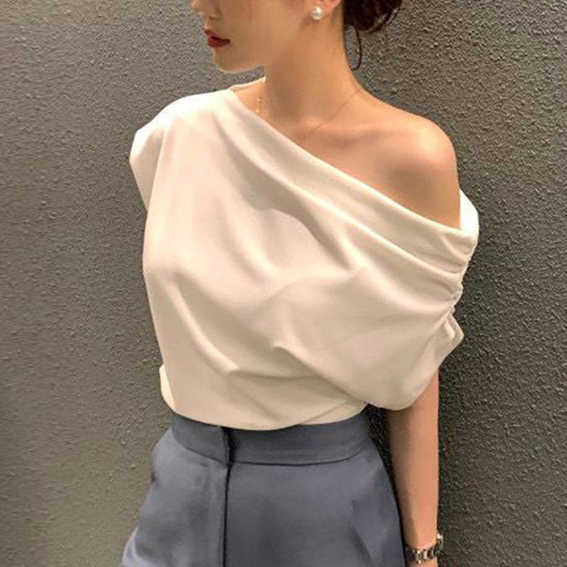 Loose Short Sleeve Top Fashionable Graphic Tee Irregular Oblique Shoulder Tops for Women - Zeprah