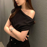 Loose Short Sleeve Top Fashionable Graphic Tee Irregular Oblique Shoulder Tops for Women - Zeprah