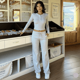 Loungewear Set Women 2 - Piece , Solid Color Soft Knit Henley Top with Drawstring Pants , Comfy Full Sleeve Crew Neck Lounge Wear (Autumn) - Zeprah