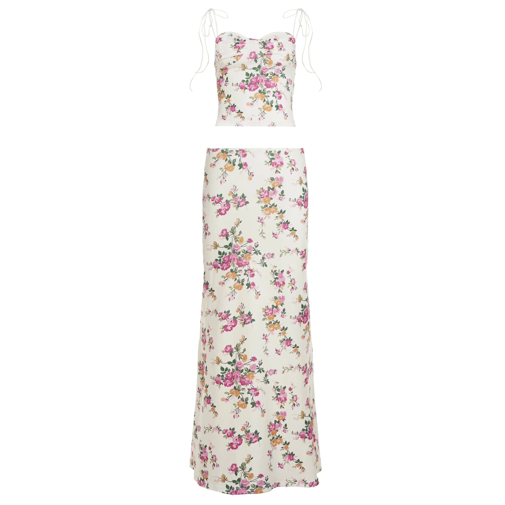 Low Rise Maxi Skirt and Skinny Crop Top Set Spring Floral Casual Two Piece Knitting Outfit - Zeprah