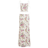 Low Rise Maxi Skirt and Skinny Crop Top Set Spring Floral Casual Two Piece Knitting Outfit - Zeprah