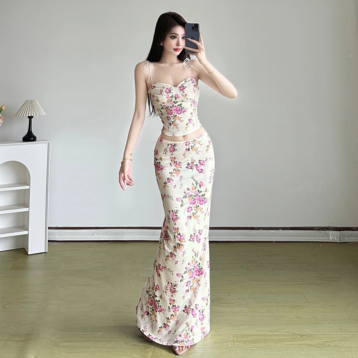 Low Rise Maxi Skirt and Skinny Crop Top Set Spring Floral Casual Two Piece Knitting Outfit - Zeprah