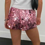 Low Rise Skinny Elastic Waist Sequin Shorts for Women Sparkling Party Club Wear Glitter Hot Pants - Zeprah