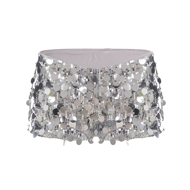 Low Rise Skinny Elastic Waist Sequin Shorts for Women Sparkling Party Club Wear Glitter Hot Pants - Zeprah