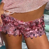 Low Rise Skinny Elastic Waist Sequin Shorts for Women Sparkling Party Club Wear Glitter Hot Pants - Zeprah