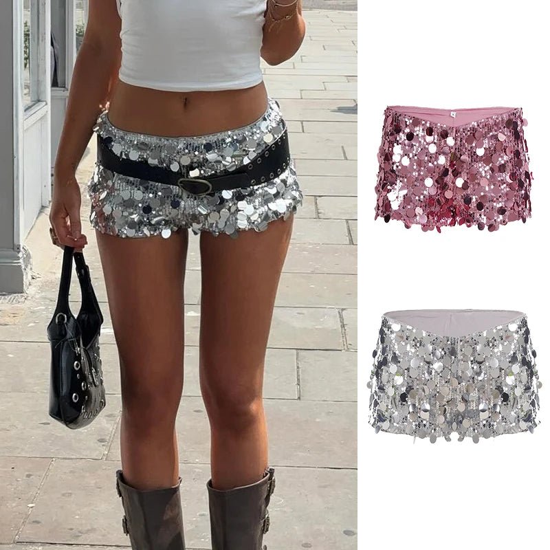 Low Rise Skinny Elastic Waist Sequin Shorts for Women Sparkling Party Club Wear Glitter Hot Pants - Zeprah