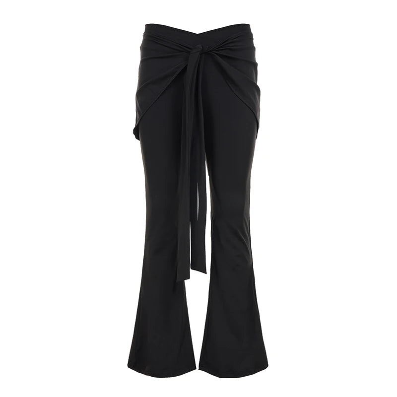 Low Waist Flare Yoga Pants Detachable Back Skirt Solid Color Stretchy Regular Fit Breathable Casual Workout Trousers Flat - Zeprah