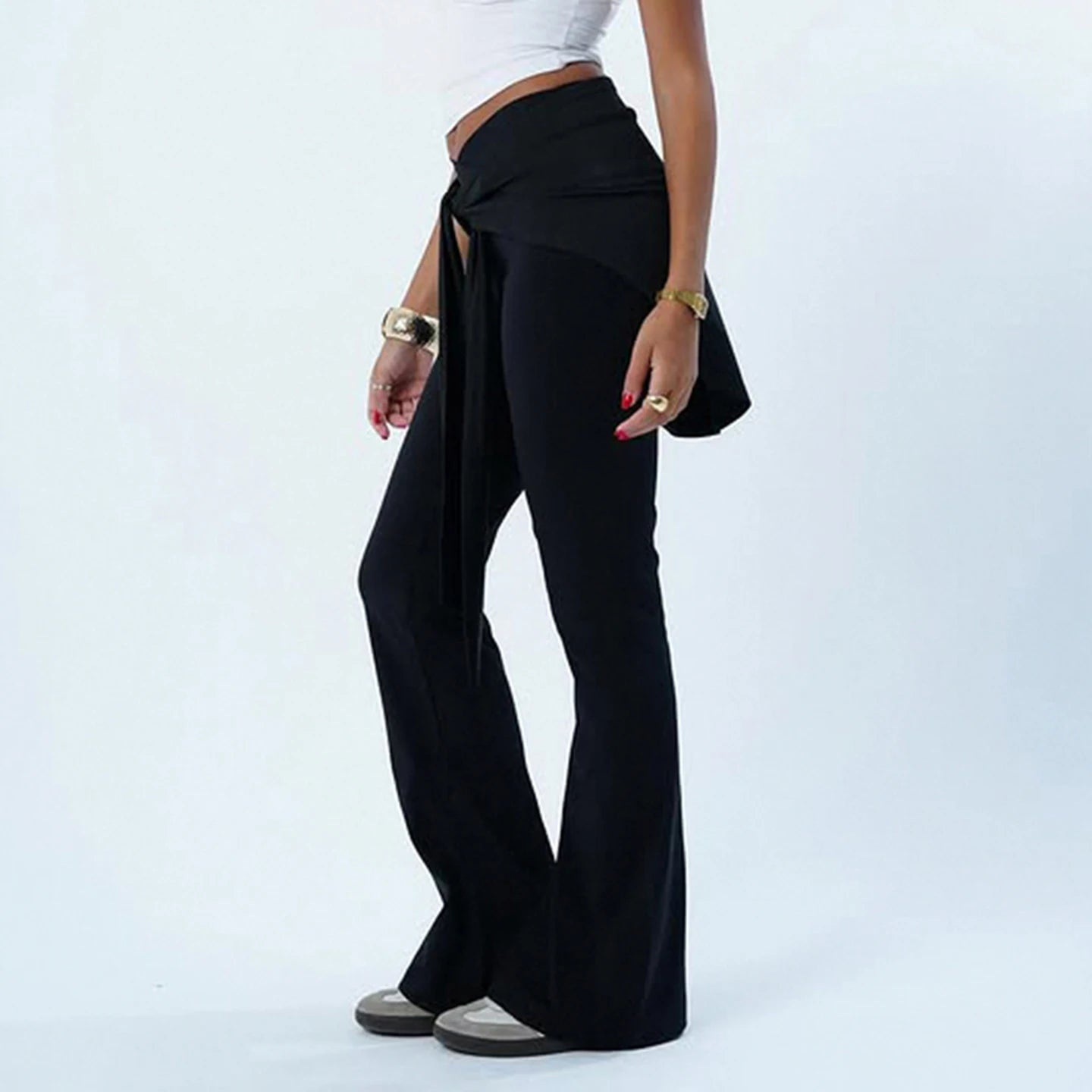 Low Waist Flare Yoga Pants Detachable Back Skirt Solid Color Stretchy Regular Fit Breathable Casual Workout Trousers Flat - Zeprah