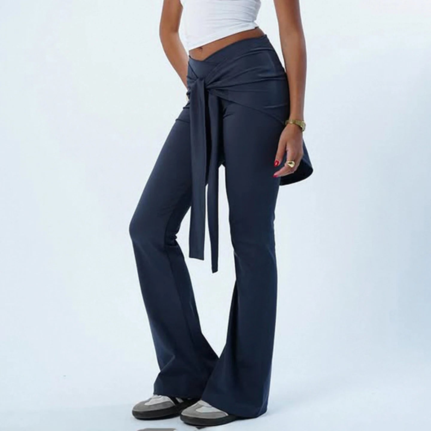 Low Waist Flare Yoga Pants Detachable Back Skirt Solid Color Stretchy Regular Fit Breathable Casual Workout Trousers Flat - Zeprah