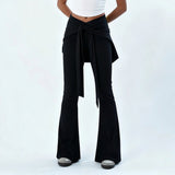 Low Waist Flare Yoga Pants Detachable Back Skirt Solid Color Stretchy Regular Fit Breathable Casual Workout Trousers Flat - Zeprah