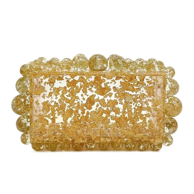 Luxury Gold Foil Beads Purses and Handbags Designer Women Clear Acrylic Box Evening Clutch Bags for Wedding Party - Zeprah