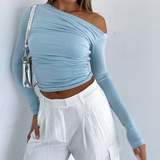 Off-Shoulder Ruched Long-Sleeve Top