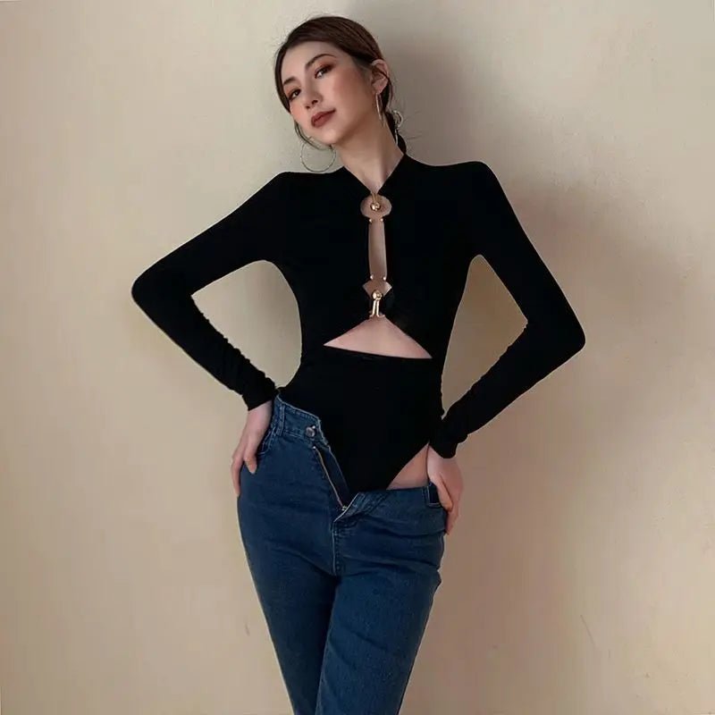 Metal Buckle Bodysuit Trendy Onesite Slim - fit Base Jumpsuit - Zeprah