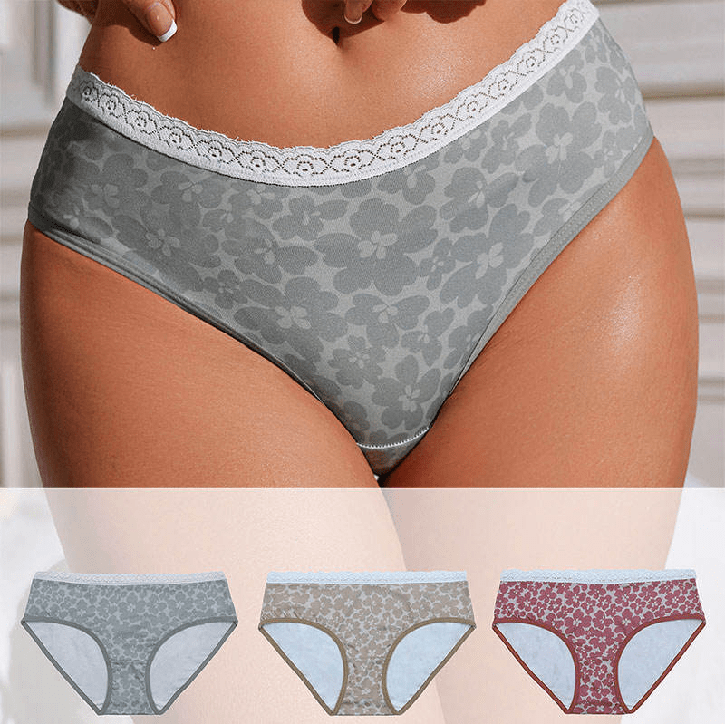 Mid - Rise Floral Print Briefs | Cotton Underwear with White Lace Waist - Zeprah