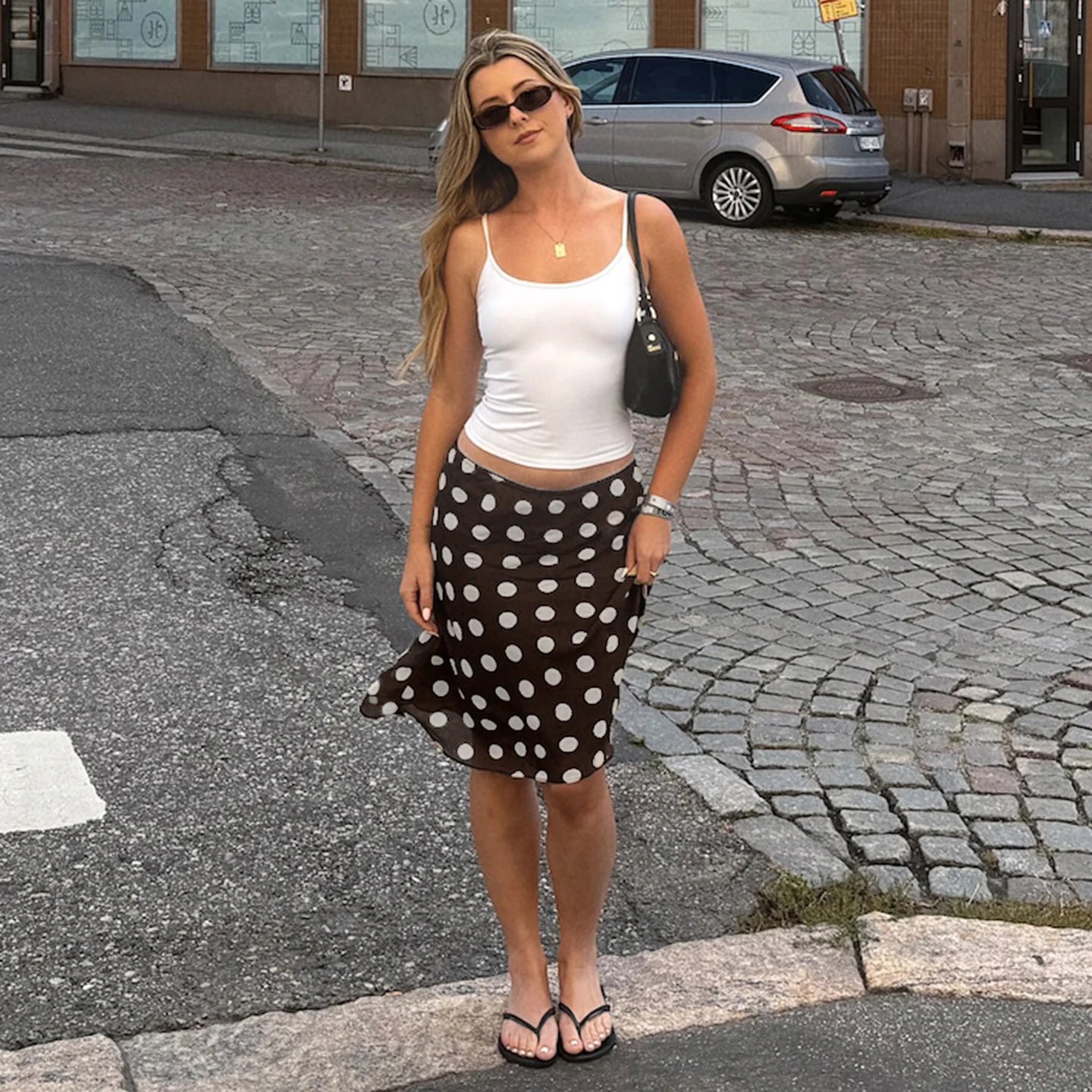 Millennium Style Summer Casual Dropped Waist Knee - Length Skirt with Polkadot Print Sheer Insert Trumpet/Mermaid Design - Zeprah