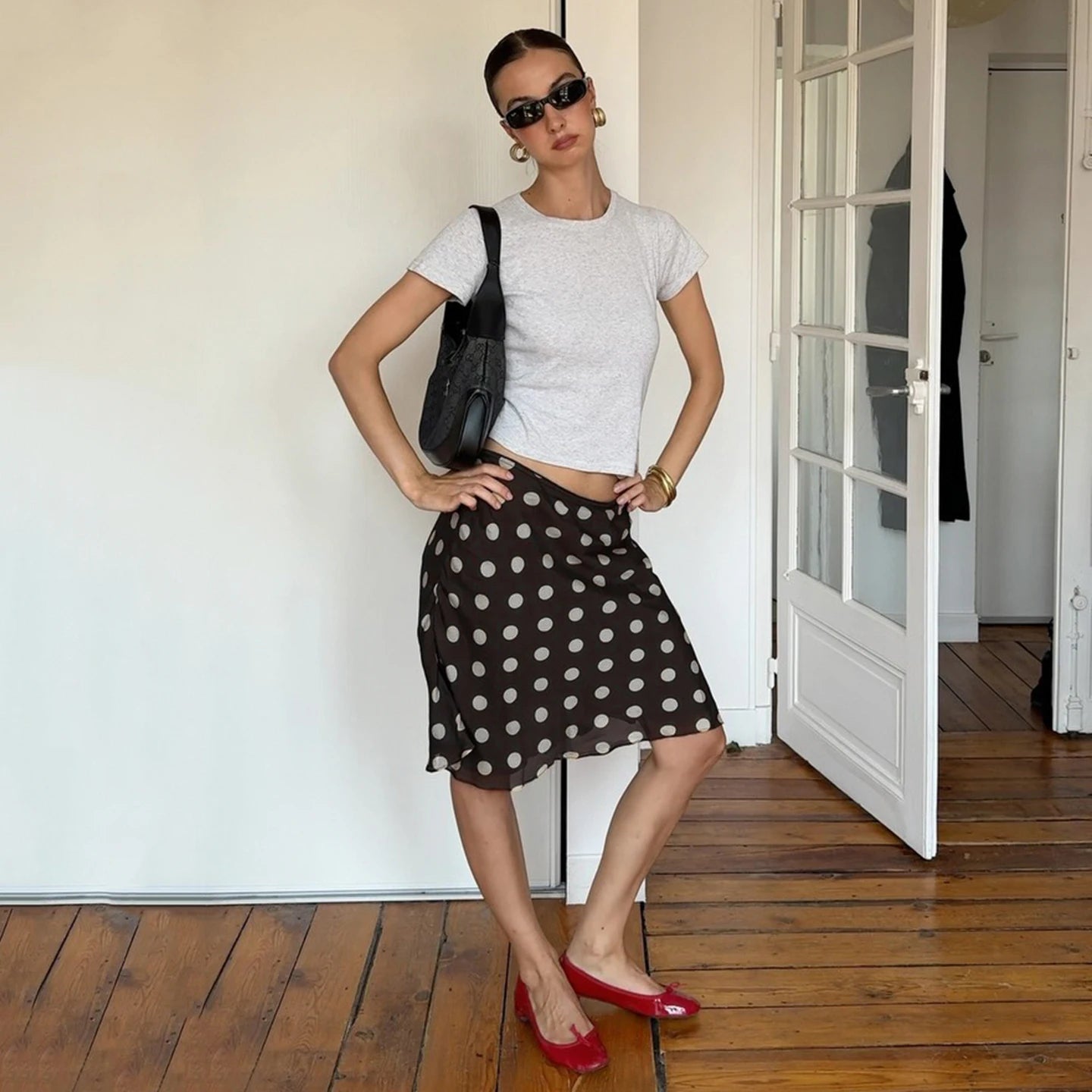 Millennium Style Summer Casual Dropped Waist Knee - Length Skirt with Polkadot Print Sheer Insert Trumpet/Mermaid Design - Zeprah