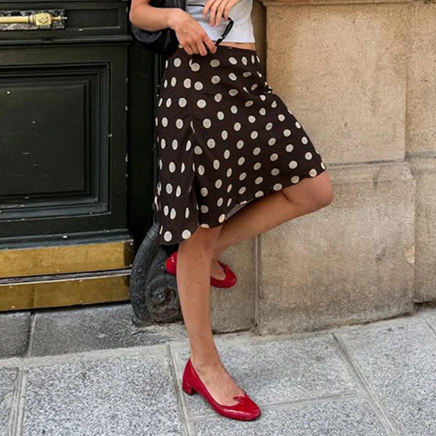 Millennium Style Summer Casual Dropped Waist Knee - Length Skirt with Polkadot Print Sheer Insert Trumpet/Mermaid Design - Zeprah