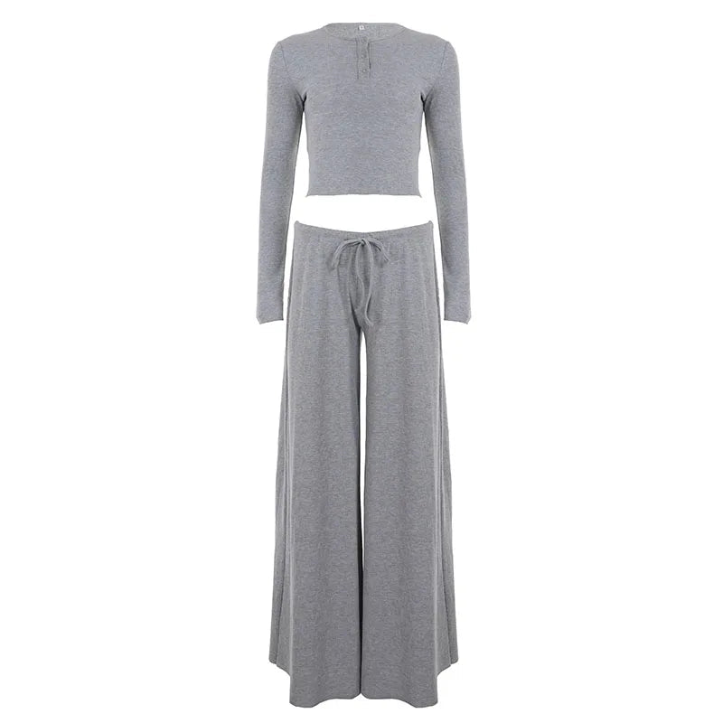 Minimalist Casual Two Piece Set Low Rise Pants Cropped Shirt Women Autumn Solid Color Stretchy Ribbed Knit Plain Dyed Breathable - Zeprah