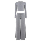 Minimalist Casual Two Piece Set Low Rise Pants Cropped Shirt Women Autumn Solid Color Stretchy Ribbed Knit Plain Dyed Breathable - Zeprah