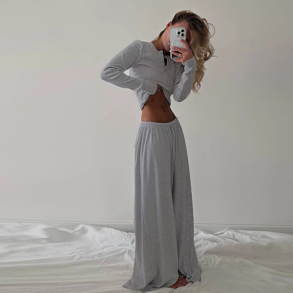 Minimalist Casual Two Piece Set Low Rise Pants Cropped Shirt Women Autumn Solid Color Stretchy Ribbed Knit Plain Dyed Breathable - Zeprah