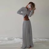 Minimalist Casual Two Piece Set Low Rise Pants Cropped Shirt Women Autumn Solid Color Stretchy Ribbed Knit Plain Dyed Breathable - Zeprah