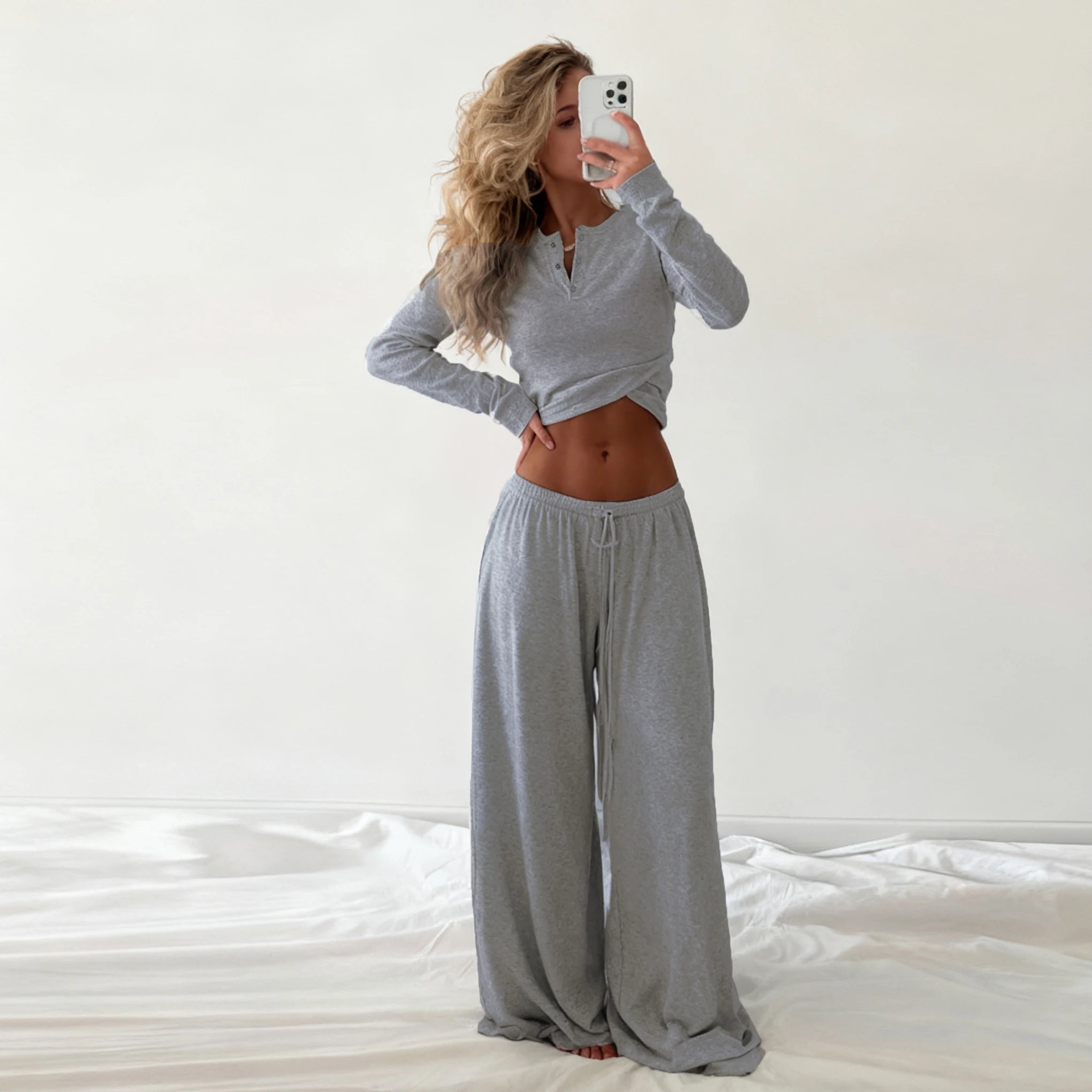 Minimalist Casual Two Piece Set Low Rise Pants Cropped Shirt Women Autumn Solid Color Stretchy Ribbed Knit Plain Dyed Breathable - Zeprah