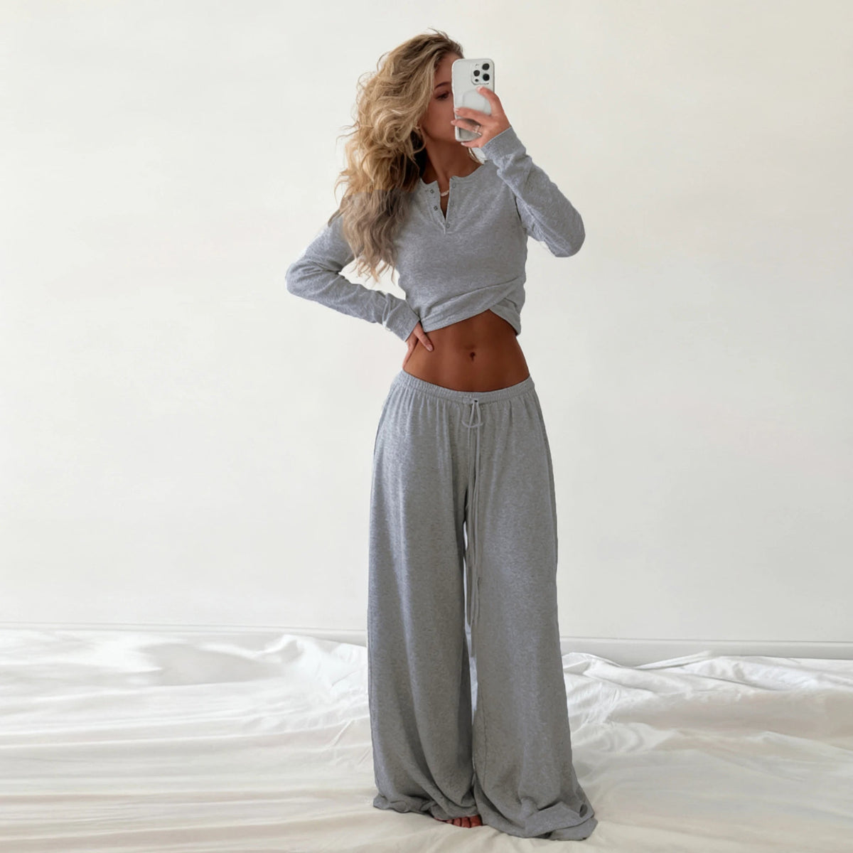 Minimalist Casual Two Piece Set Low Rise Pants Cropped Shirt Women Autumn Solid Color Stretchy Ribbed Knit Plain Dyed Breathable - Zeprah