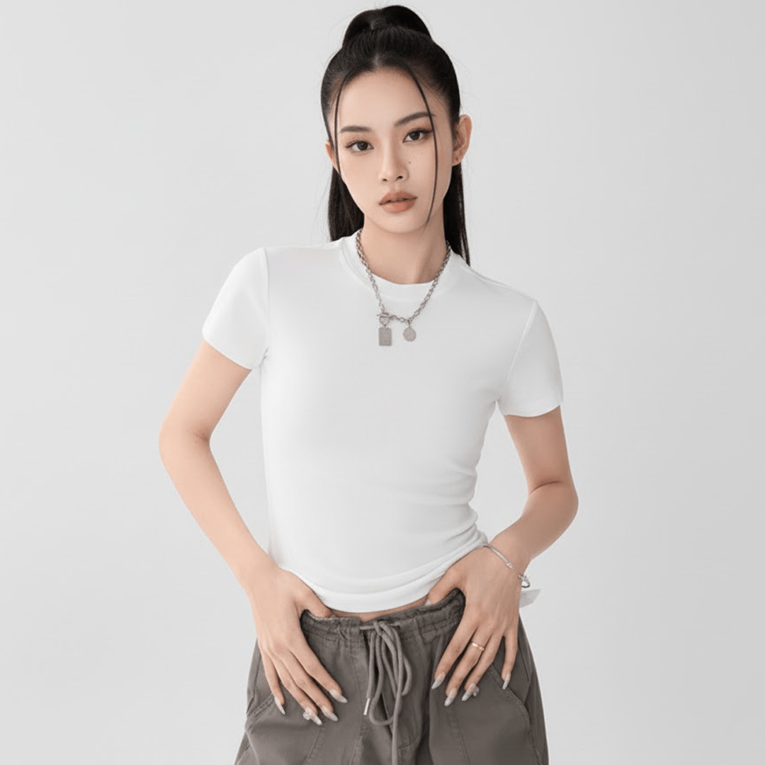 Minimalist Essential Top with Layered Jewelry Styling - The Perfect Slim - Fit Tee - Mocha Slim - Fit Tee for Women - Zeprah