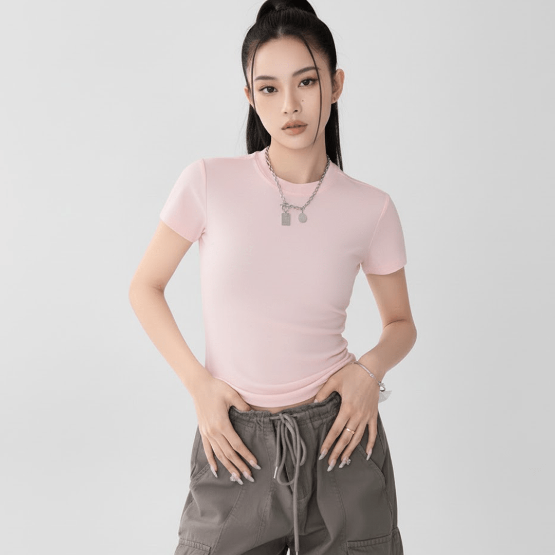 Minimalist Essential Top with Layered Jewelry Styling - The Perfect Slim - Fit Tee - Mocha Slim - Fit Tee for Women - Zeprah