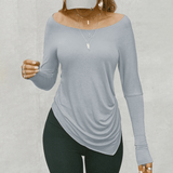 Minimalist Solid Color Fluid Top: Women's Basic Long Sleeve T-Shirt with Asymmetric Hem & Waist Drapery | Slimming Slash Neck Knit - Zeprah