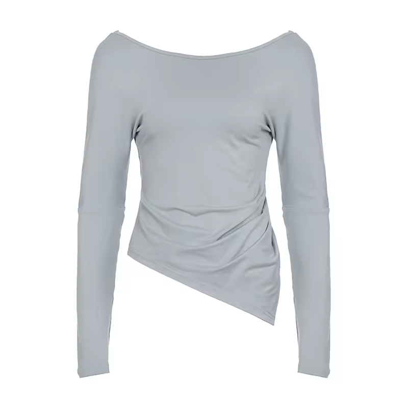 Minimalist Solid Color Fluid Top: Women's Basic Long Sleeve T-Shirt with Asymmetric Hem & Waist Drapery | Slimming Slash Neck Knit - Zeprah