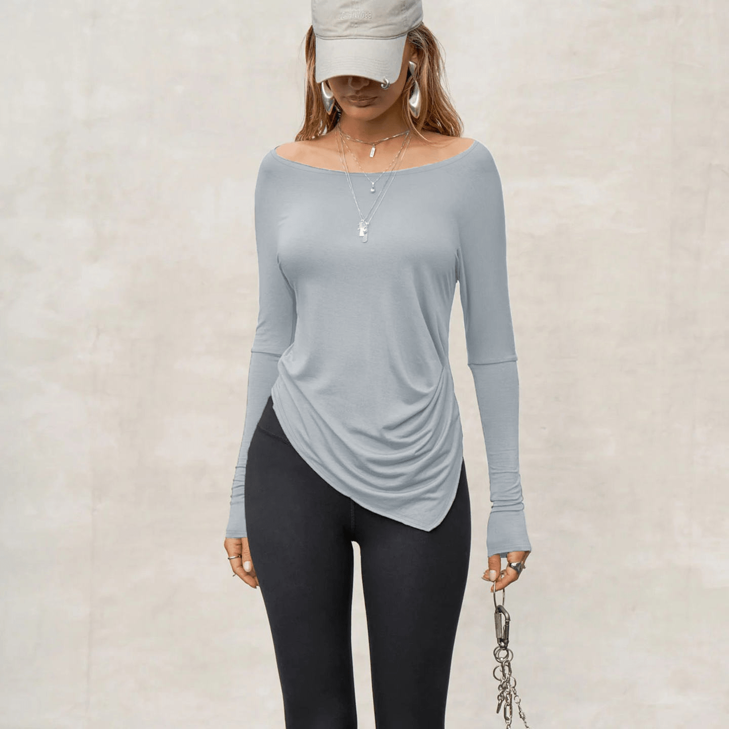 Minimalist Solid Color Fluid Top: Women's Basic Long Sleeve T-Shirt with Asymmetric Hem & Waist Drapery | Slimming Slash Neck Knit - Zeprah
