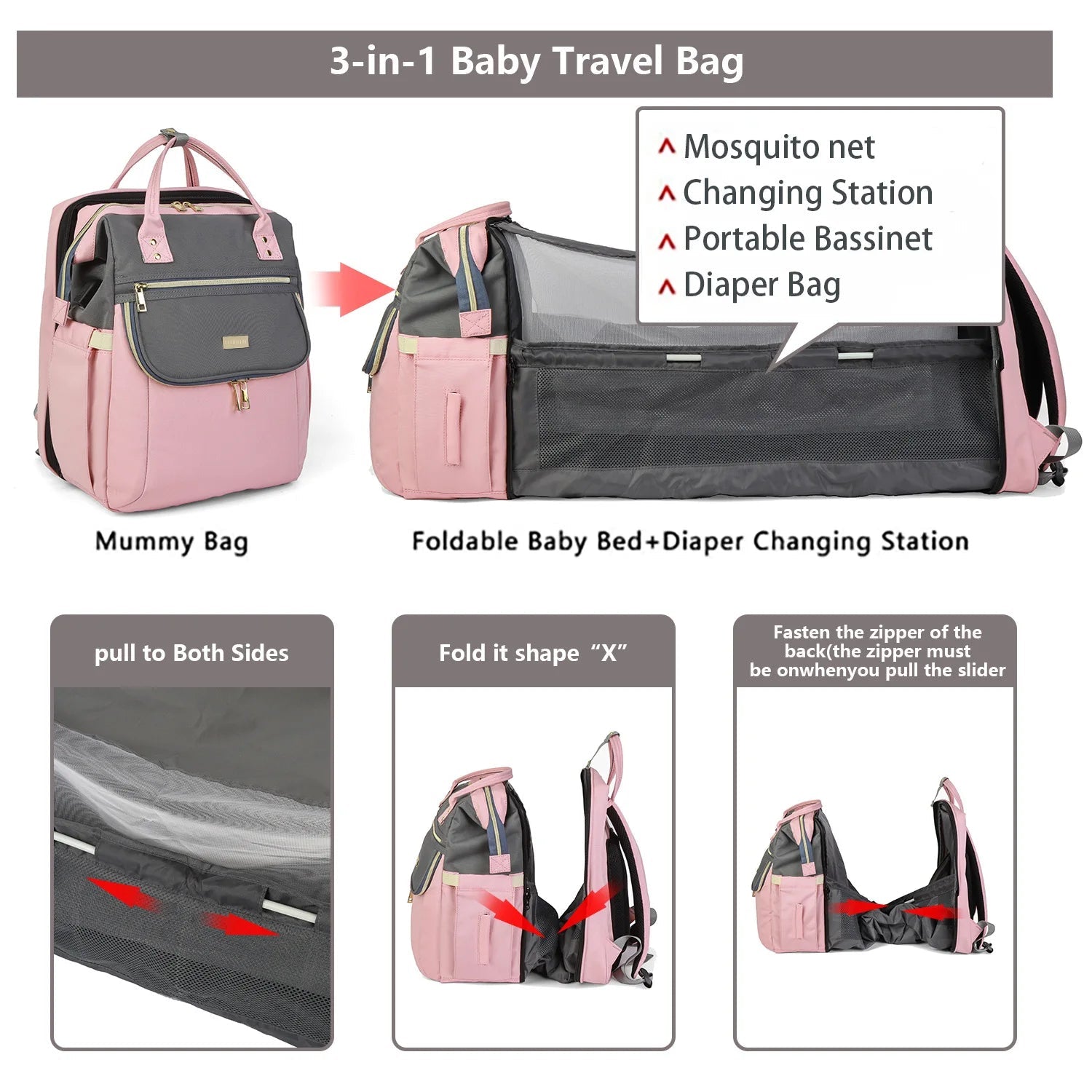Multifunctional Waterproof Portable Foldable Baby Diaper Bag Backpack Replacement Bed Bag - Zeprah