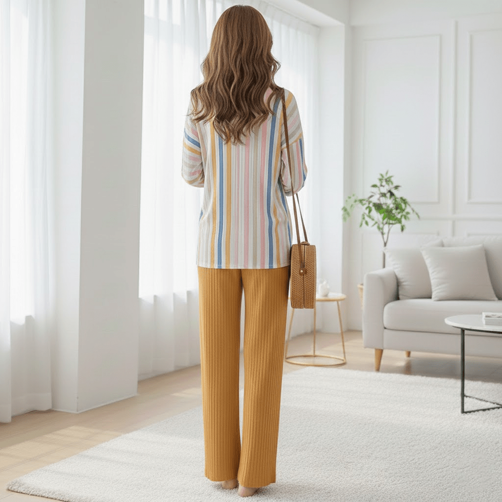Multistripe Oversized Button - Up Shirt and Wide - Leg Pant Set - Zeprah