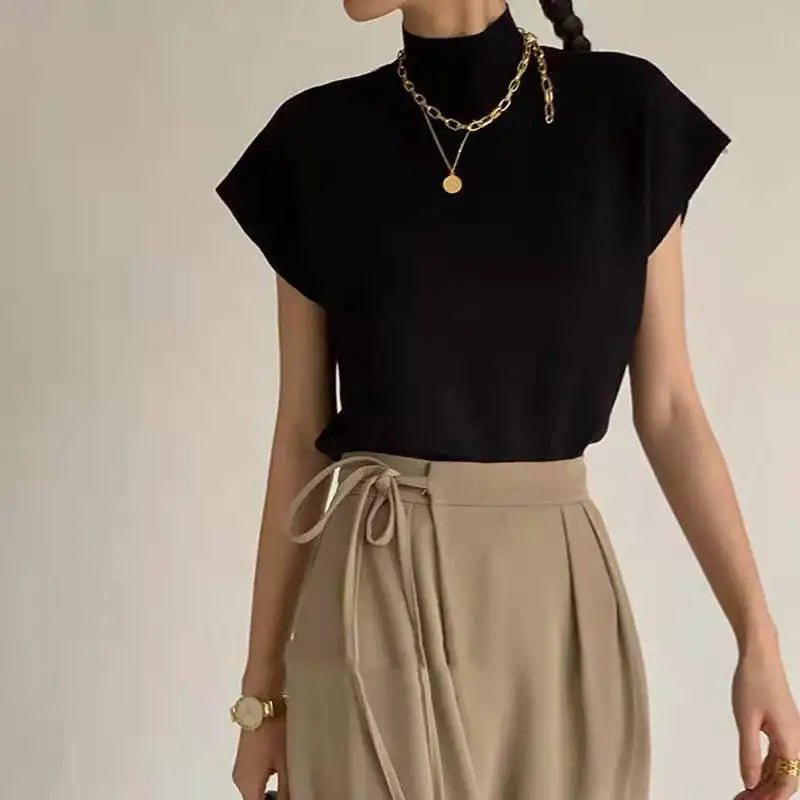 New Arrival Short Short - sleeved T-shirt Spring and Summer Half Turtleneck Knitted Loose Vest Women's T-shirt - Zeprah