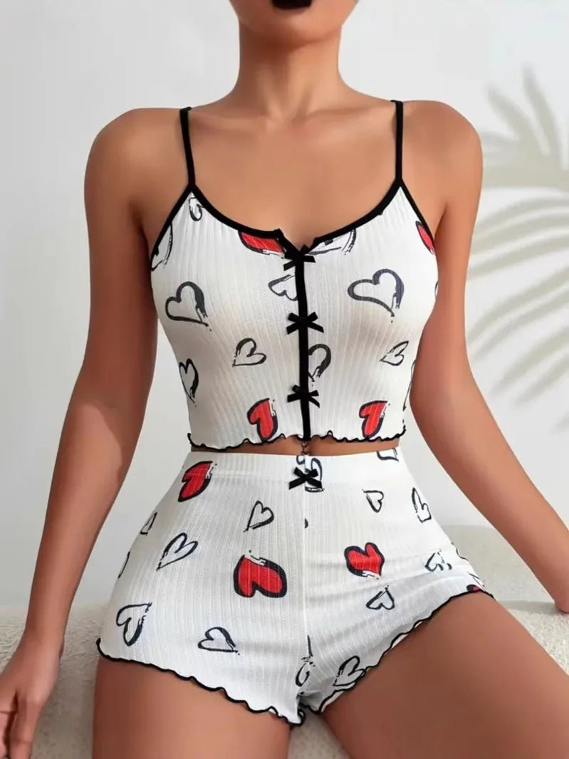 New Arrival Spandex Spring Heart - Shaped Printed Color - Block Clothing Front Slit Strappy Pajamas Set - Zeprah